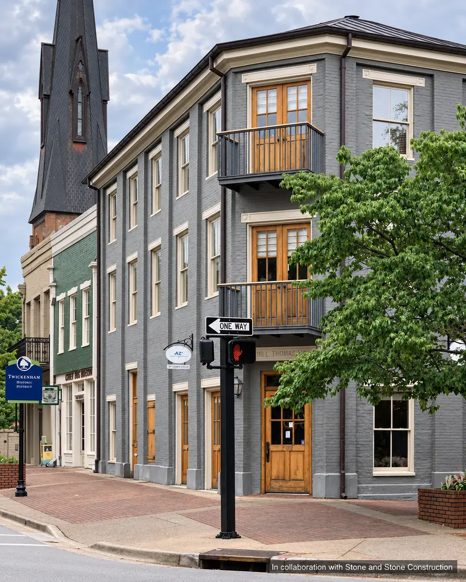 Historic corner building with tall windows, stacked balconies and a projecting decorative cornice. In collaboration with Stone and Stone Construction.